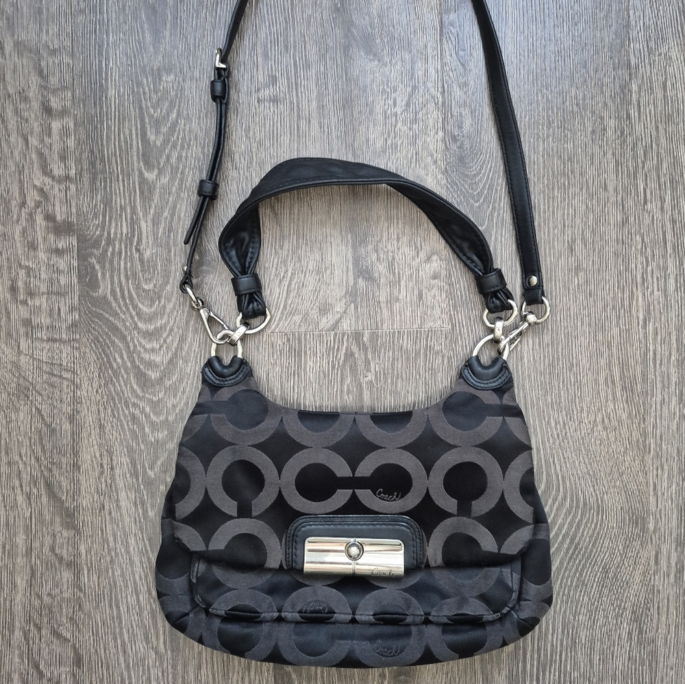 Coach Kristin Op Art Sateen Hobo Black Creed #16953 Shoulder Crossbody Bag